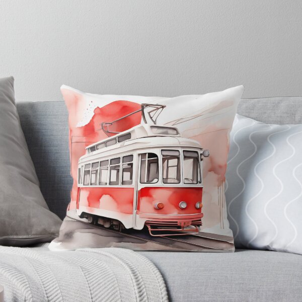 Item preview, Vintage Red Tram Watercolor Illustration designed and sold by MamaHome.
