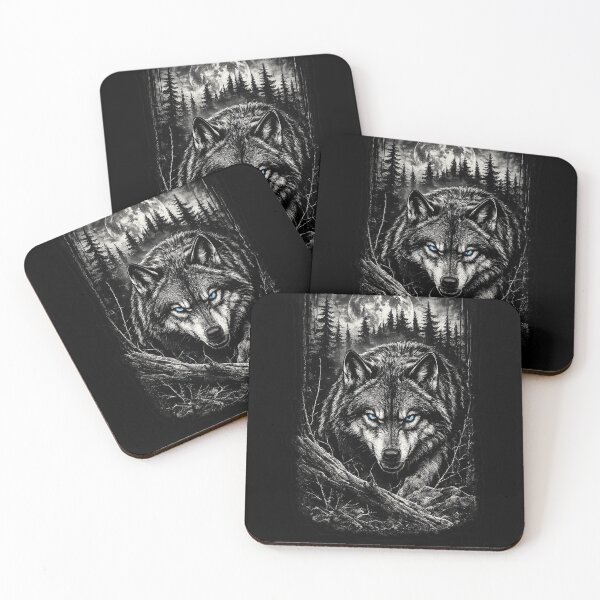 Item preview, Blue-Eyed Wolf in the Moonlight | Black & White Forest Art | Fierce Wildlife Design designed and sold by naturalsurvival.