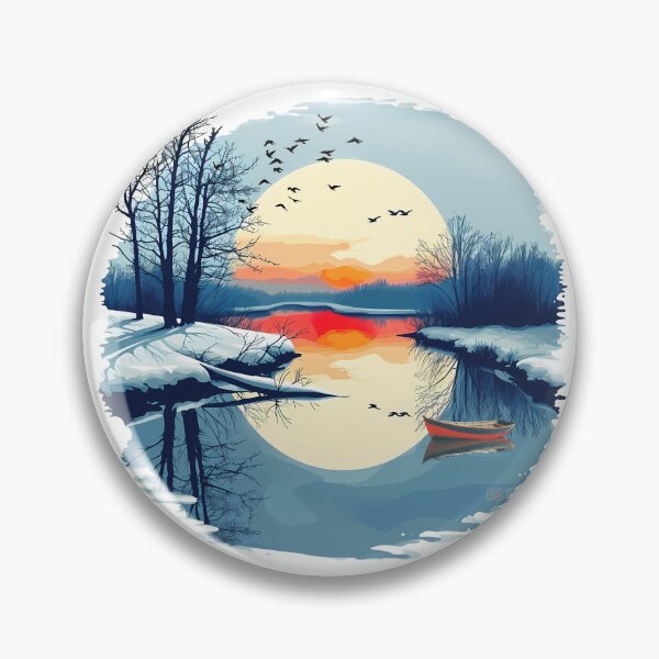 Item preview, Winter Sunset Landscape Red Boat Snow Lake Reflection Circular Fine Art Graphic designed and sold by DesignArtist.ia.