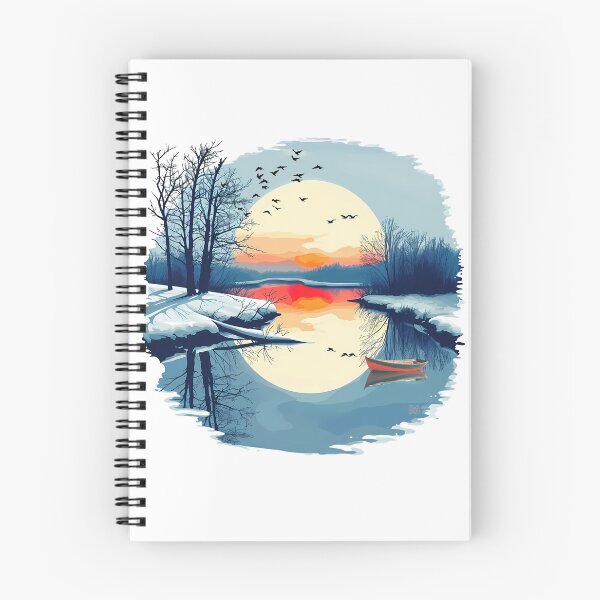 Item preview, Winter Sunset Landscape Red Boat Snow Lake Reflection Circular Fine Art Graphic designed and sold by DesignArtist.ia.
