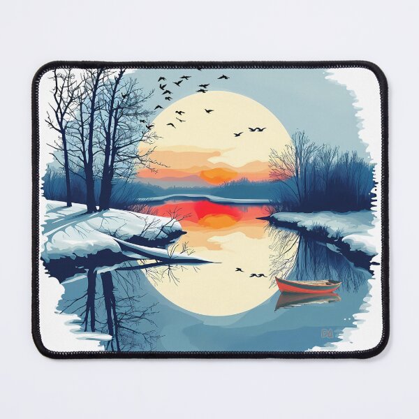 Item preview, Winter Sunset Landscape Red Boat Snow Lake Reflection Circular Fine Art Graphic designed and sold by DesignArtist.ia.