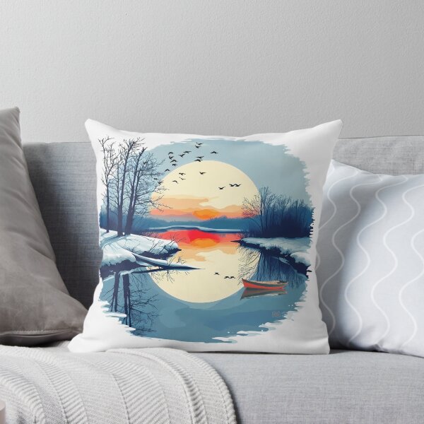 Item preview, Winter Sunset Landscape Red Boat Snow Lake Reflection Circular Fine Art Graphic designed and sold by DesignArtist.ia.
