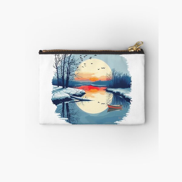 Item preview, Winter Sunset Landscape Red Boat Snow Lake Reflection Circular Fine Art Graphic designed and sold by DesignArtist.ia.