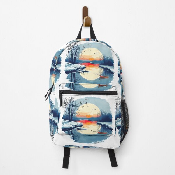 Item preview, Winter Sunset Landscape Red Boat Snow Lake Reflection Circular Fine Art Graphic designed and sold by DesignArtist.ia.