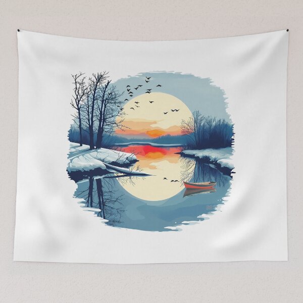 Item preview, Winter Sunset Landscape Red Boat Snow Lake Reflection Circular Fine Art Graphic designed and sold by DesignArtist.ia.