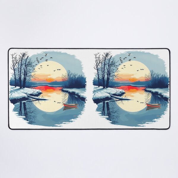 Item preview, Winter Sunset Landscape Red Boat Snow Lake Reflection Circular Fine Art Graphic designed and sold by DesignArtist.ia.