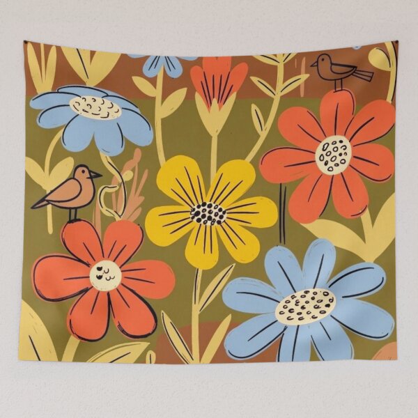 Item preview, Colorful Retro Floral Pattern with Birds – Bold Wildflower Meadow designed and sold by Nexus Space.