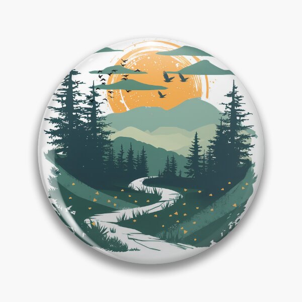 Item preview, Vintage Mountain Landscape Wilderness Sunset Forest River Circular Screenprint Graphic designed and sold by DesignArtist.ia.