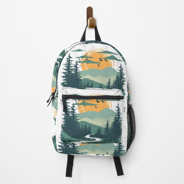 Item preview, Vintage Mountain Landscape Wilderness Sunset Forest River Circular Screenprint Graphic designed and sold by DesignArtist.ia.