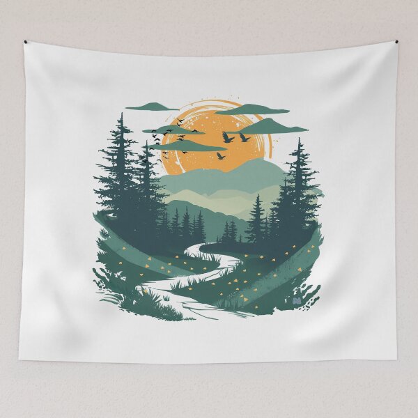 Item preview, Vintage Mountain Landscape Wilderness Sunset Forest River Circular Screenprint Graphic designed and sold by DesignArtist.ia.