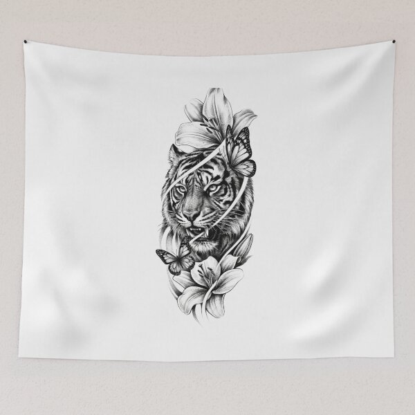 Item preview, Tiger and Flowers Tattoo Style Art designed and sold by RoyalDeluxGo.