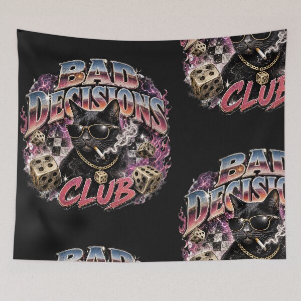 Item preview, Bad Decisions Club Black Cat | Funny Streetwear Graphic Tee designed and sold by QuirkyCloud Designs.