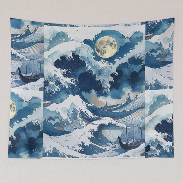Item preview, Moonlit Japanese Wave Wall Art | Ukiyo-e Ocean Canvas Print designed and sold by RSDigitalPrintDesign.