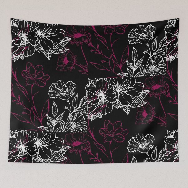 Item preview, Elegant Magenta and White Floral Line Art on Black designed and sold by DreamyBrushArt.