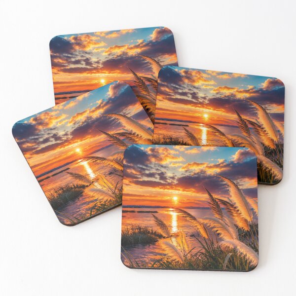 Item preview, Golden Sunset Over Tranquil Waters with Pampas Grass designed and sold by Wild Bloom Paws.