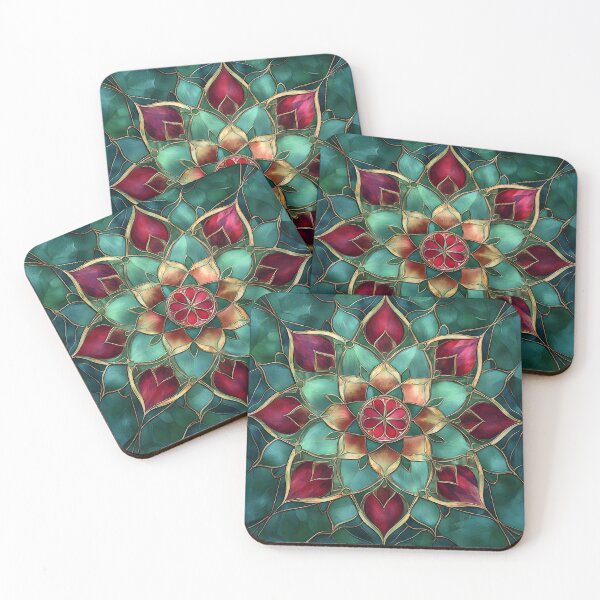 Item preview, Emerald & Burgundy Stained Glass Lotus Mandala | Elegant Floral Mosaic Pattern designed and sold by GrinGalore.