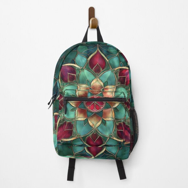 Item preview, Emerald & Burgundy Stained Glass Lotus Mandala | Elegant Floral Mosaic Pattern designed and sold by GrinGalore.