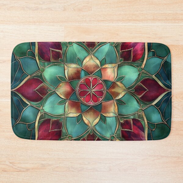 Item preview, Emerald & Burgundy Stained Glass Lotus Mandala | Elegant Floral Mosaic Pattern designed and sold by GrinGalore.