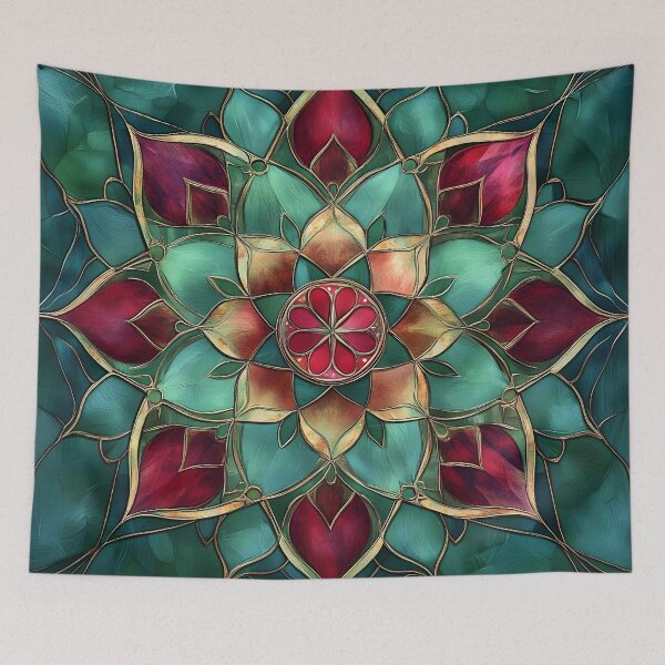 Item preview, Emerald & Burgundy Stained Glass Lotus Mandala | Elegant Floral Mosaic Pattern designed and sold by GrinGalore.