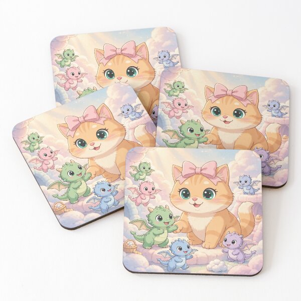 Item preview, cute cat playing with baby dragons on clouds designed and sold by Luna's World - Moody Vibes Studio.