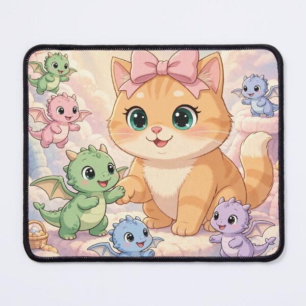 Item preview, cute cat playing with baby dragons on clouds designed and sold by Luna's World - Moody Vibes Studio.