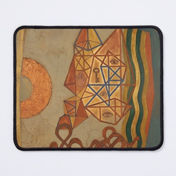 Item preview, Esoteric Geometric Cubist Painting Print | Abstract Surrealist Wall Art with Eye and Key | Alchemical Sacred Symbols Canvas Art | Distressed Ochre and Teal Mystic Poster designed and sold by SergioMiklos.