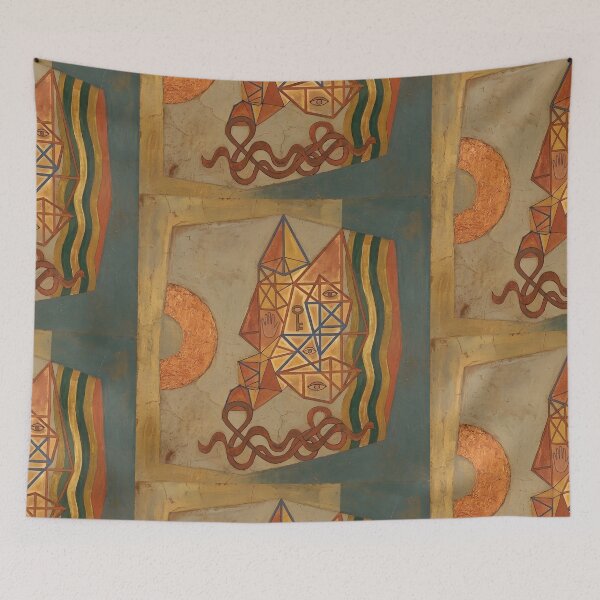 Item preview, Esoteric Geometric Cubist Painting Print | Abstract Surrealist Wall Art with Eye and Key | Alchemical Sacred Symbols Canvas Art | Distressed Ochre and Teal Mystic Poster designed and sold by SergioMiklos.