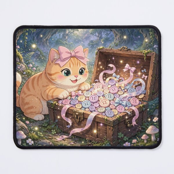 Item preview, Cute Kitten Finding Treasure Chest Buttons designed and sold by Moody Vibes Studio.