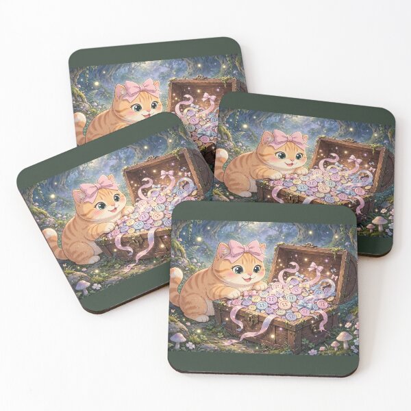 Item preview, Cute Kitten Finding Treasure Chest Buttons designed and sold by Luna's World - Moody Vibes Studio.