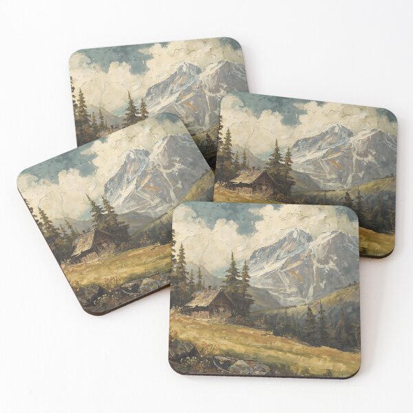 Item preview, Vintage Alpine Mountain Landscape with Cabin - Impasto Oil Painting designed and sold by Sergey Sedunov.