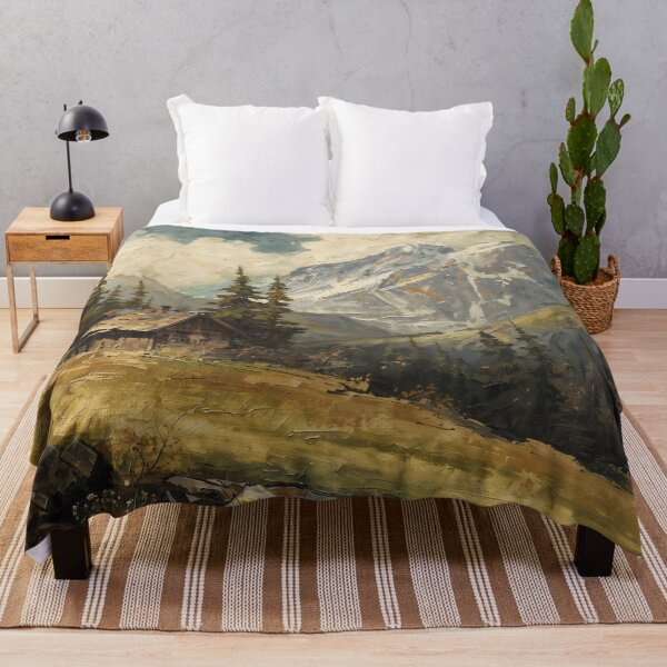 Item preview, Vintage Alpine Mountain Landscape with Cabin - Impasto Oil Painting designed and sold by Sergey Sedunov.