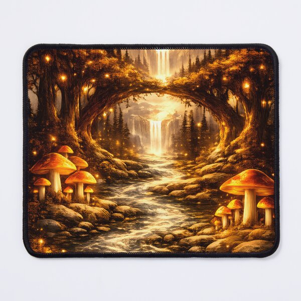Item preview, Golden Enchanted Forest Waterfall | Magical Fantasy Landscape with Glowing Mushrooms designed and sold by Masora.studio.