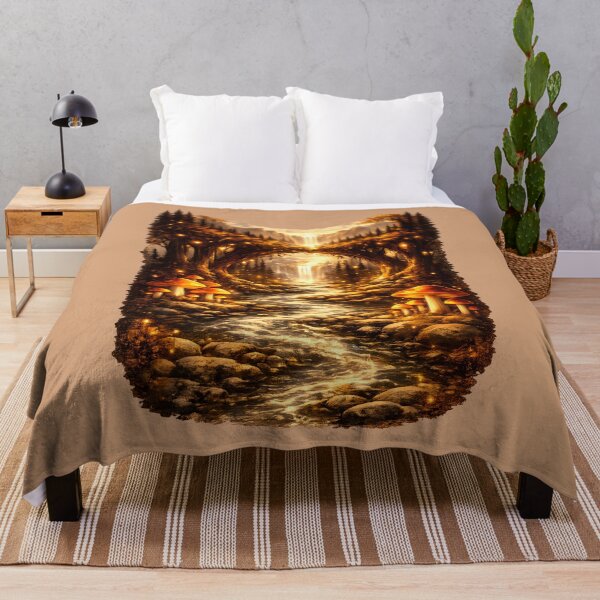Item preview, Golden Enchanted Forest Waterfall | Magical Fantasy Landscape with Glowing Mushrooms designed and sold by Masora.studio.