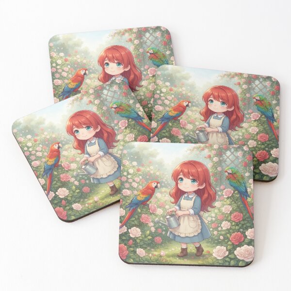 Item preview, Girl watering roses with parrots in a greenhouse designed and sold by Azurart2.