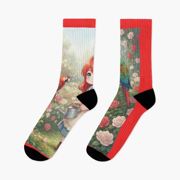 Item preview, Girl watering roses with parrots in a greenhouse designed and sold by Azurart2.