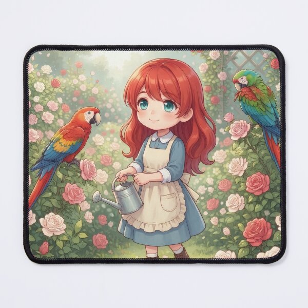 Item preview, Girl watering roses with parrots in a greenhouse designed and sold by Azurart2.