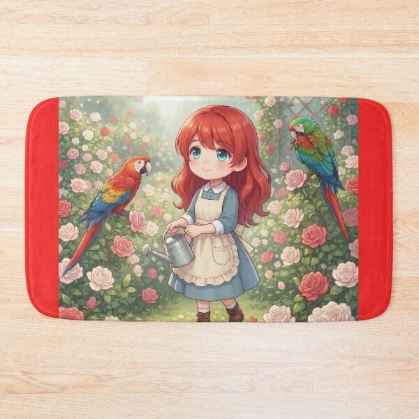 Item preview, Girl watering roses with parrots in a greenhouse designed and sold by Azurart2.