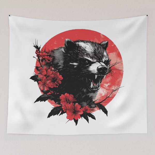 Item preview, Japanese Raccoon Yokai Sakura Red Sun Vintage Anim designed and sold by AbderraimArt.