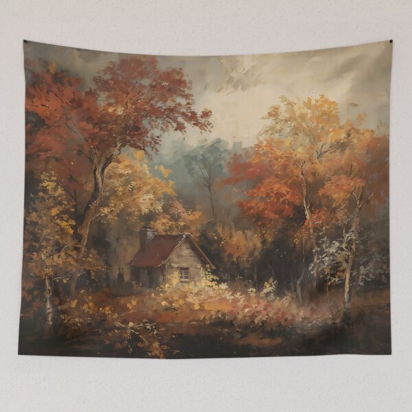 Item preview, Vintage Autumn Forest Cabin - Moody Fall Landscape Oil Painting designed and sold by Sergey Sedunov.