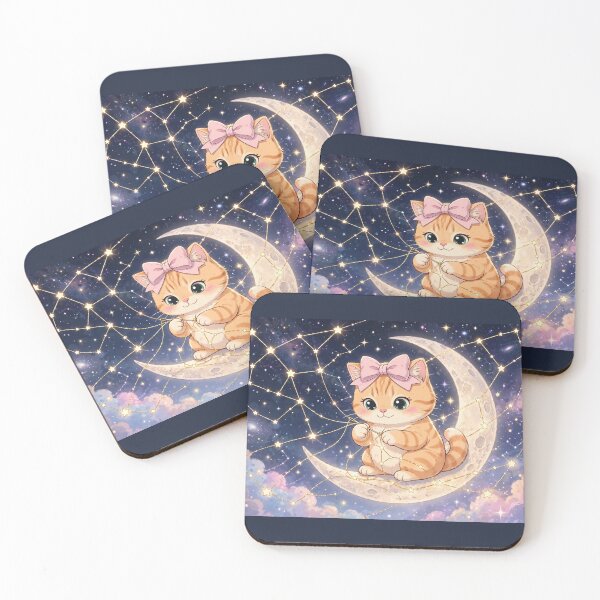 Item preview, Cute Kitten Sewing Stars On Moon designed and sold by Moody Vibes Studio.