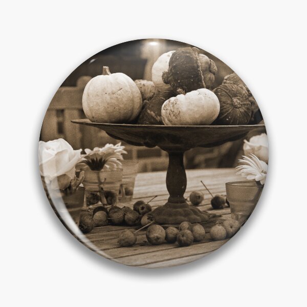 Item preview, Decorative Autumn Table Setting with Pumpkins and Flowers Outdoors in sepia designed and sold by FotoMahieu.