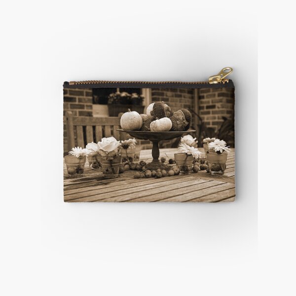 Item preview, Decorative Autumn Table Setting with Pumpkins and Flowers Outdoors in sepia designed and sold by FotoMahieu.
