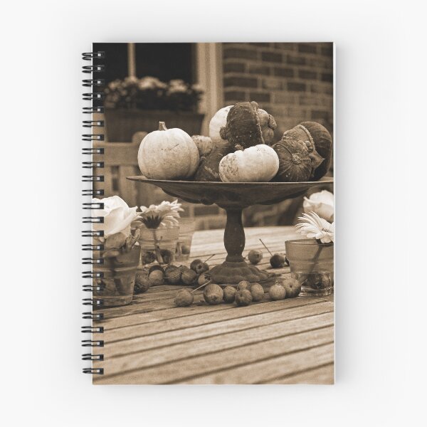 Item preview, Decorative Autumn Table Setting with Pumpkins and Flowers Outdoors in sepia designed and sold by FotoMahieu.