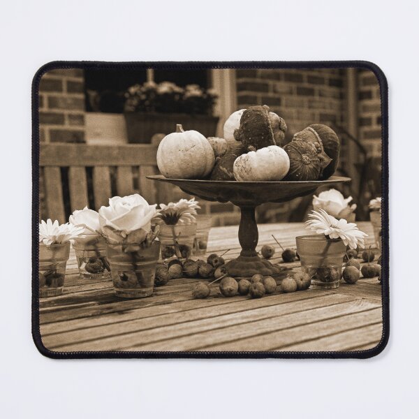 Item preview, Decorative Autumn Table Setting with Pumpkins and Flowers Outdoors in sepia designed and sold by FotoMahieu.