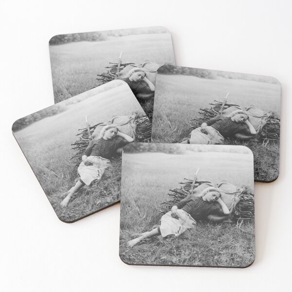 Item preview, "Weary" farm girl reclining in wheat field portrait black and white photograph 1890 Alfred Stieglitz designed and sold by Astrid Arkhangelsky.
