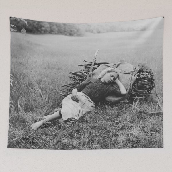 Item preview, "Weary" farm girl reclining in wheat field portrait black and white photograph 1890 Alfred Stieglitz designed and sold by Astrid Arkhangelsky.