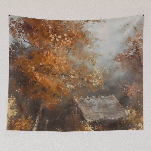 Item preview, Vintage Autumn Forest Cabin - Fall Landscape Painting designed and sold by Sergey Sedunov.