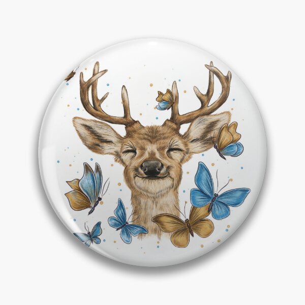 Item preview, A happy, smiling deer surrounded by butterflies; an image of a deer's head and blue butterflies; a forest animal theme featuring a golden deer and golden butterflies. designed and sold by ArtbySvetik.