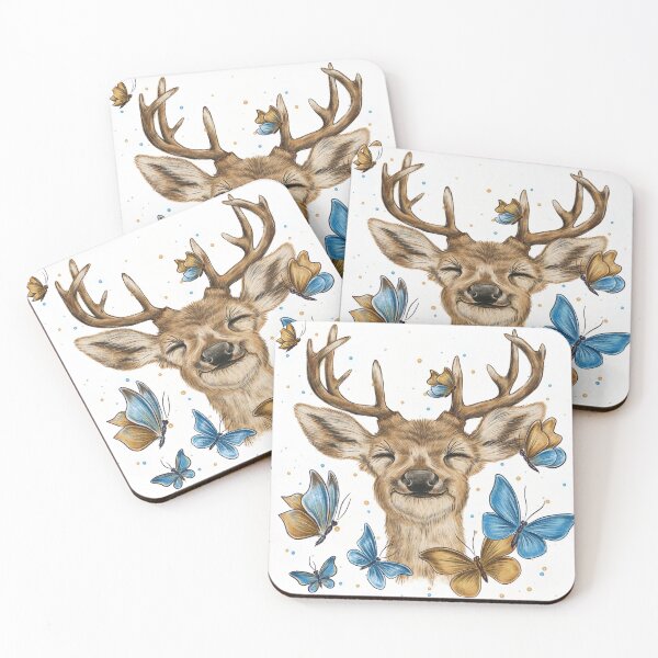 Item preview, A happy, smiling deer surrounded by butterflies; an image of a deer's head and blue butterflies; a forest animal theme featuring a golden deer and golden butterflies. designed and sold by ArtbySvetik.