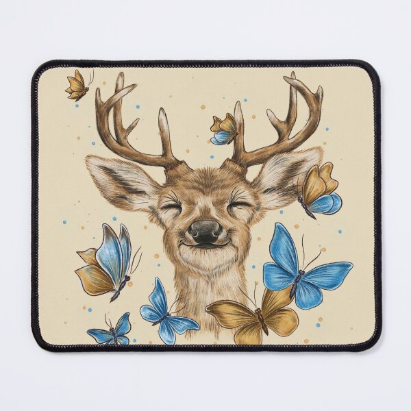Item preview, A happy, smiling deer surrounded by butterflies; an image of a deer's head and blue butterflies; a forest animal theme featuring a golden deer and golden butterflies. designed and sold by ArtbySvetik.